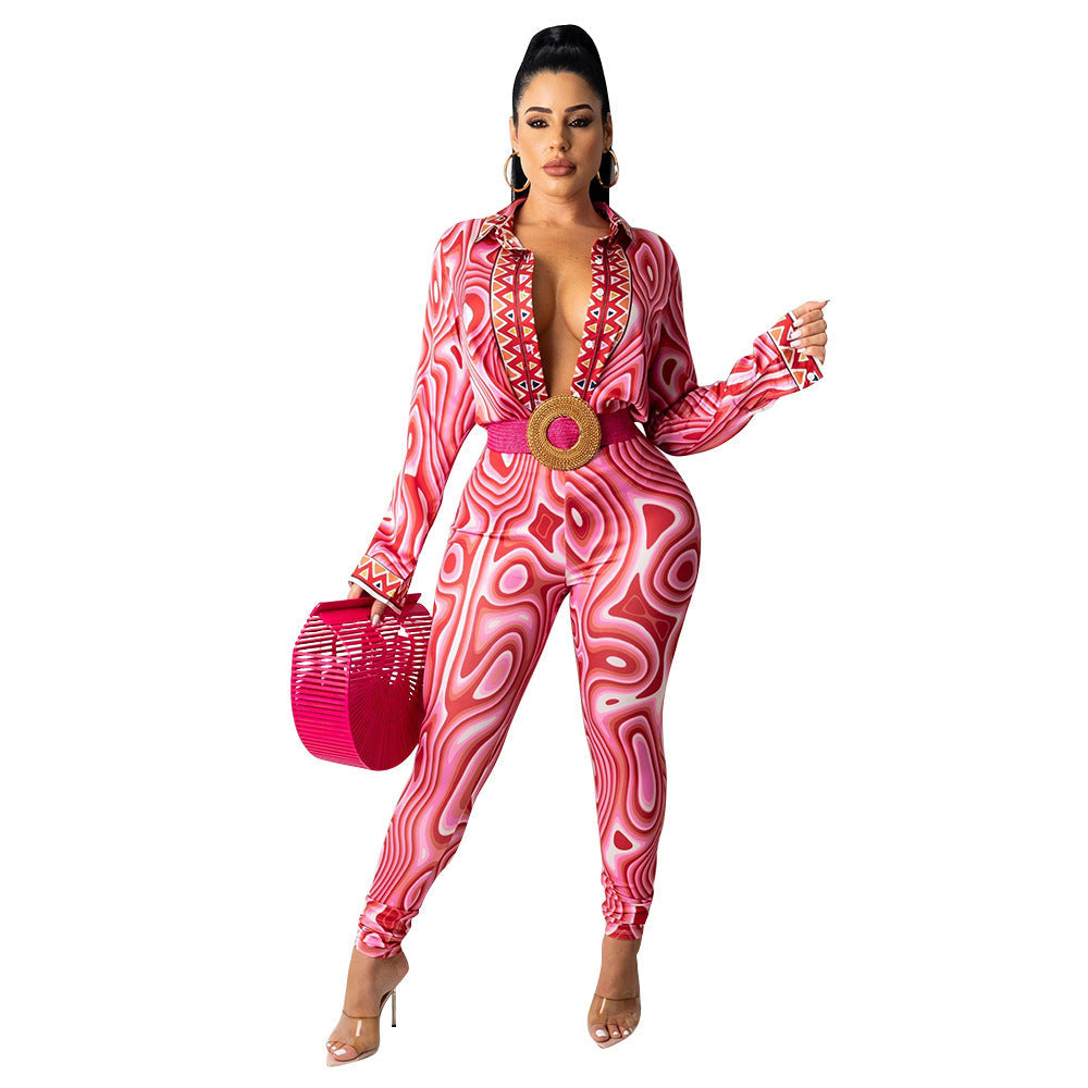 Autumn And Winter New Women’s Clothing Fashion Sexy Print Long Sleeve Tight Casual Suit - Red / S