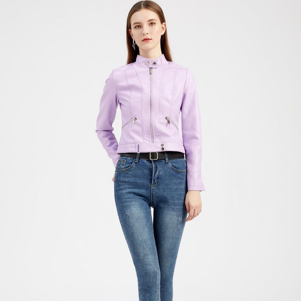 Women’s Short Leather Jacket Stand Collar Jacket Thin