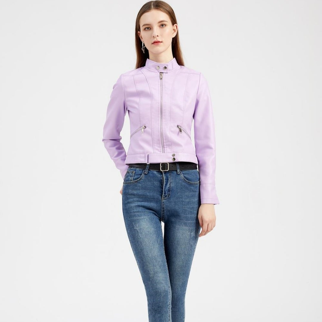 Women’s Short Leather Jacket Stand Collar Jacket Thin