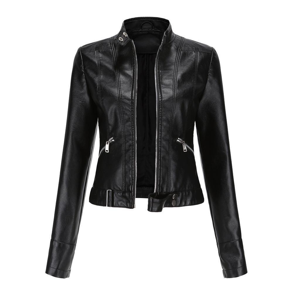 Women’s Short Leather Jacket Stand Collar Jacket Thin - Black / S
