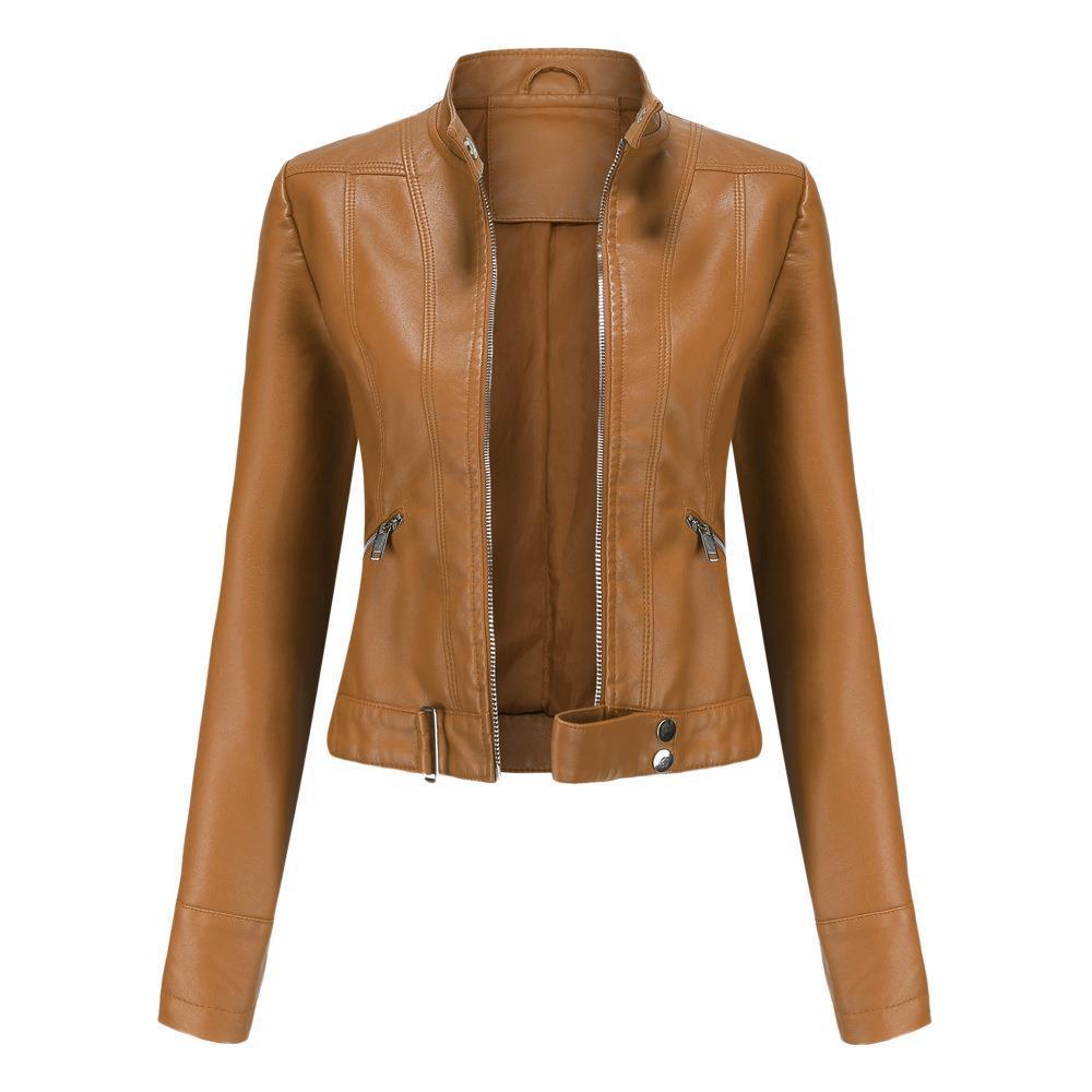 Women’s Short Leather Jacket Stand Collar Jacket Thin - Camel / S