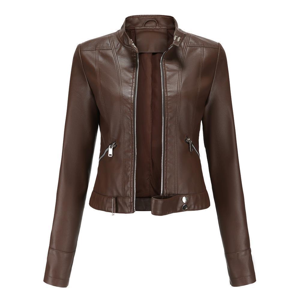 Women’s Short Leather Jacket Stand Collar Jacket Thin - Coffee / S