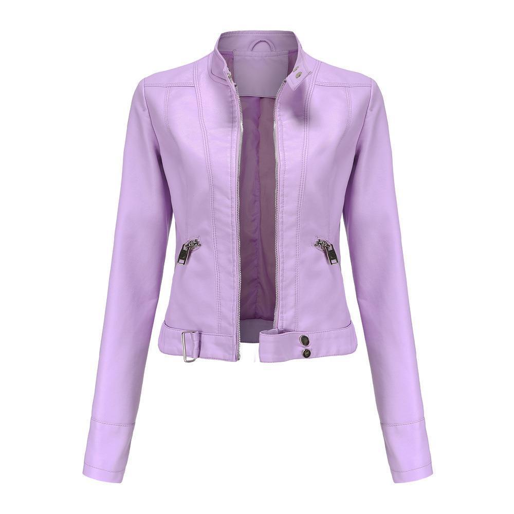 Women’s Short Leather Jacket Stand Collar Jacket Thin - Light Cherry Pink / S
