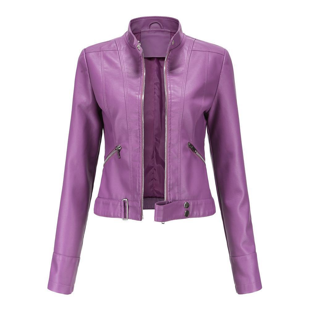 Women’s Short Leather Jacket Stand Collar Jacket Thin - Violet / S