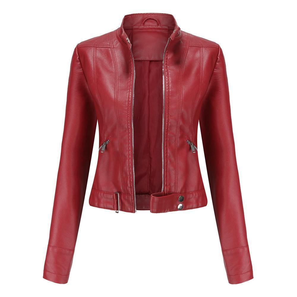 Women’s Short Leather Jacket Stand Collar Jacket Thin - Wine Red / S