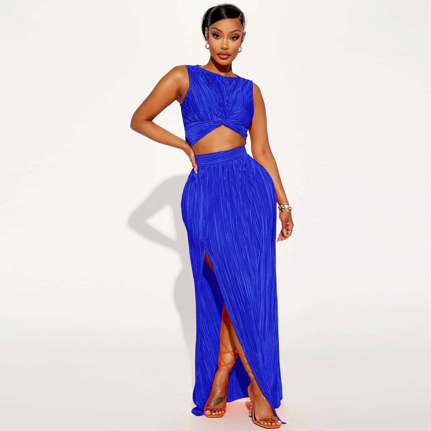 European And American Women’s Clothing Slit Dress Two-piece Set - Blue / S