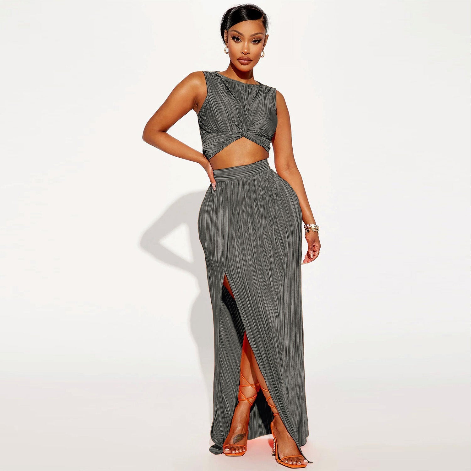 European And American Women’s Clothing Slit Dress Two-piece Set - Gray / S