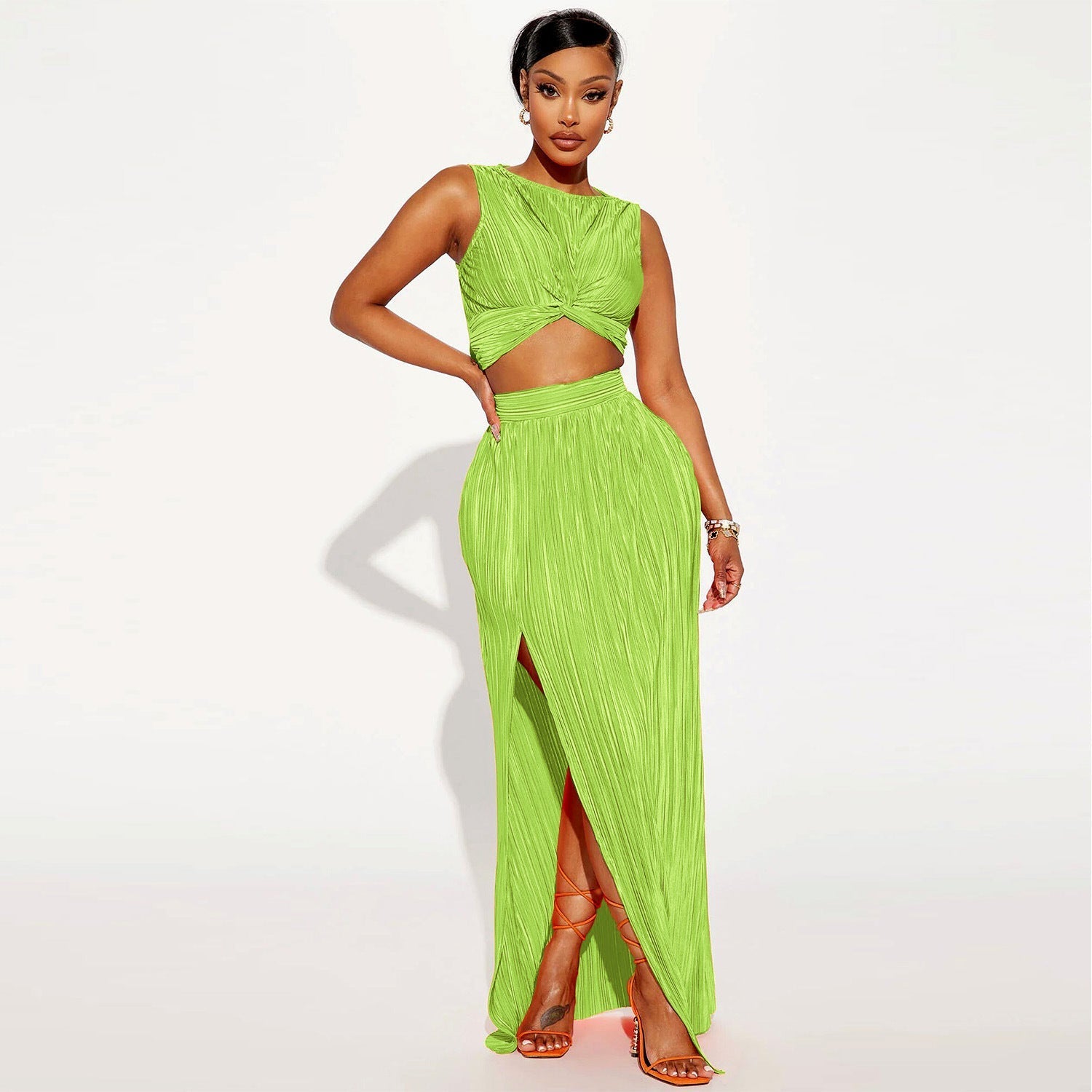 European And American Women’s Clothing Slit Dress Two-piece Set - Green / S