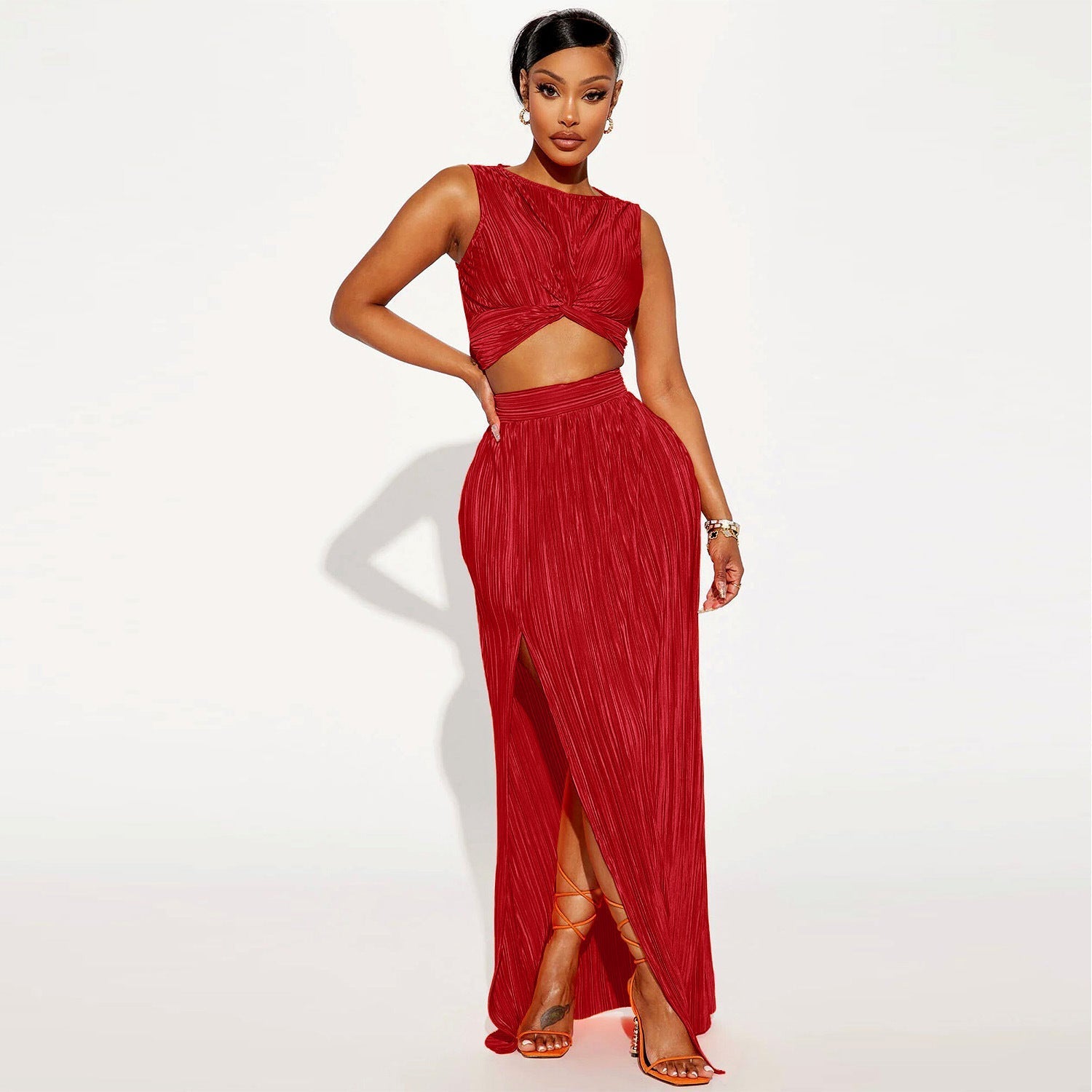 European And American Women’s Clothing Slit Dress Two-piece Set - Red / S