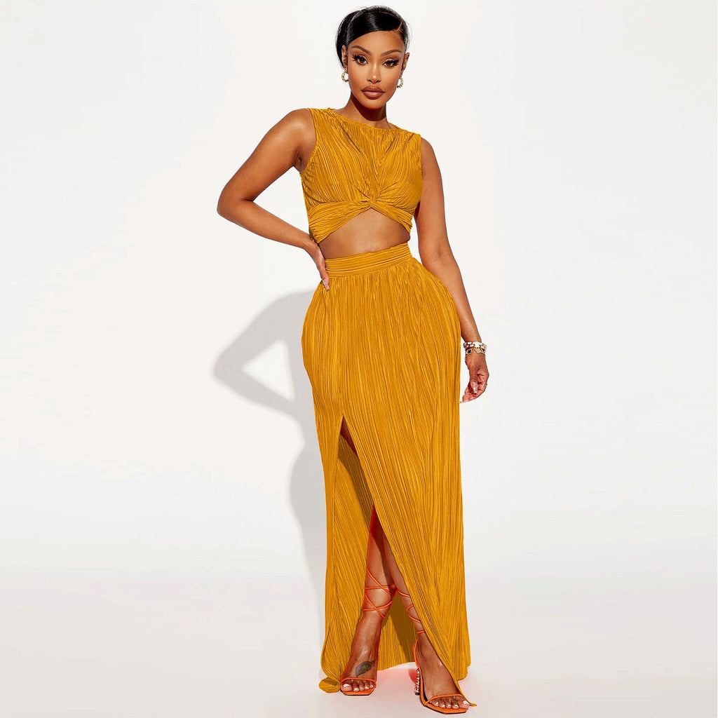 European And American Women’s Clothing Slit Dress Two-piece Set - Yellow / S