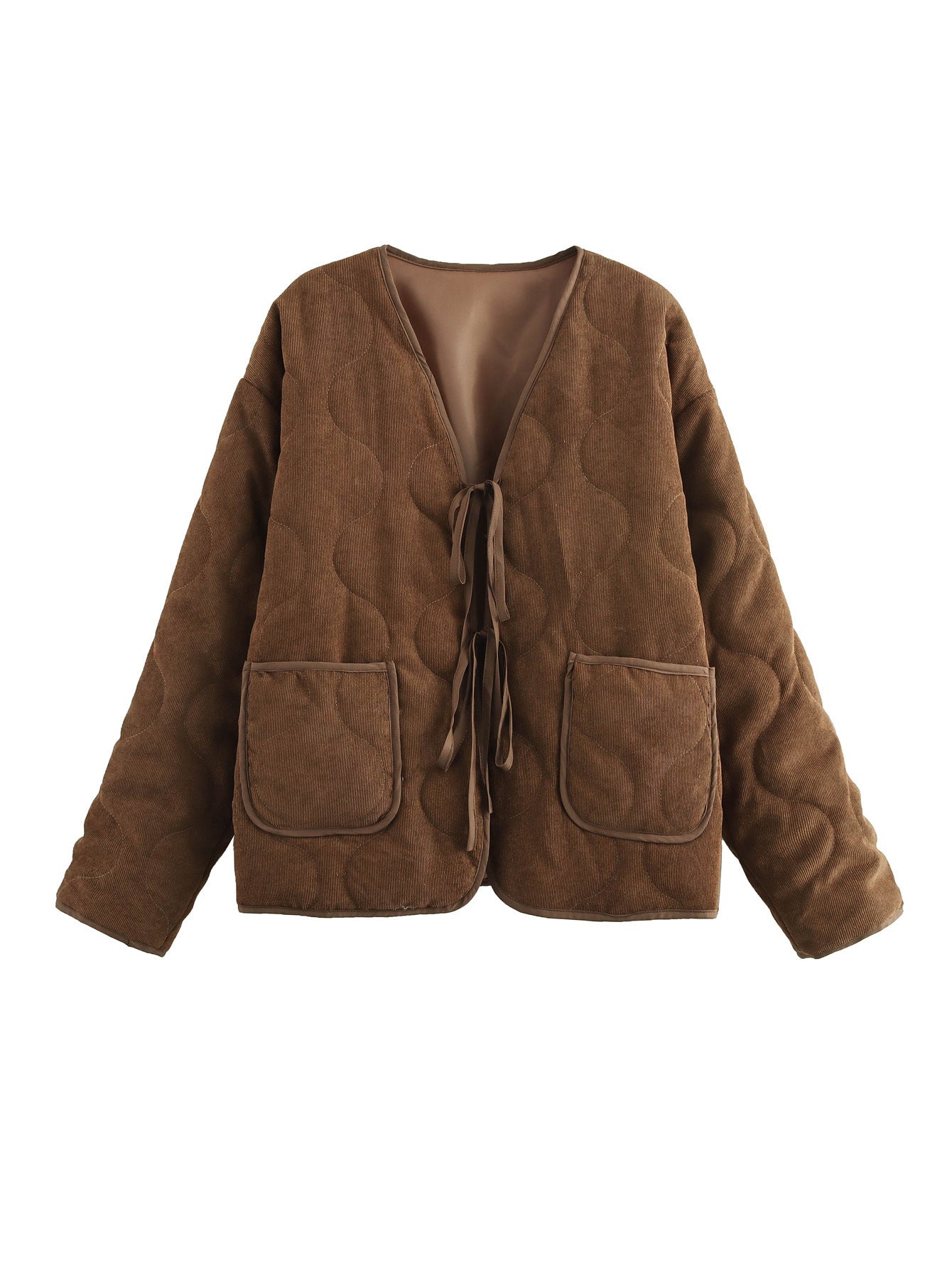 New Solid Color Bowknot Cotton-padded Coat - Dark Brown / XS