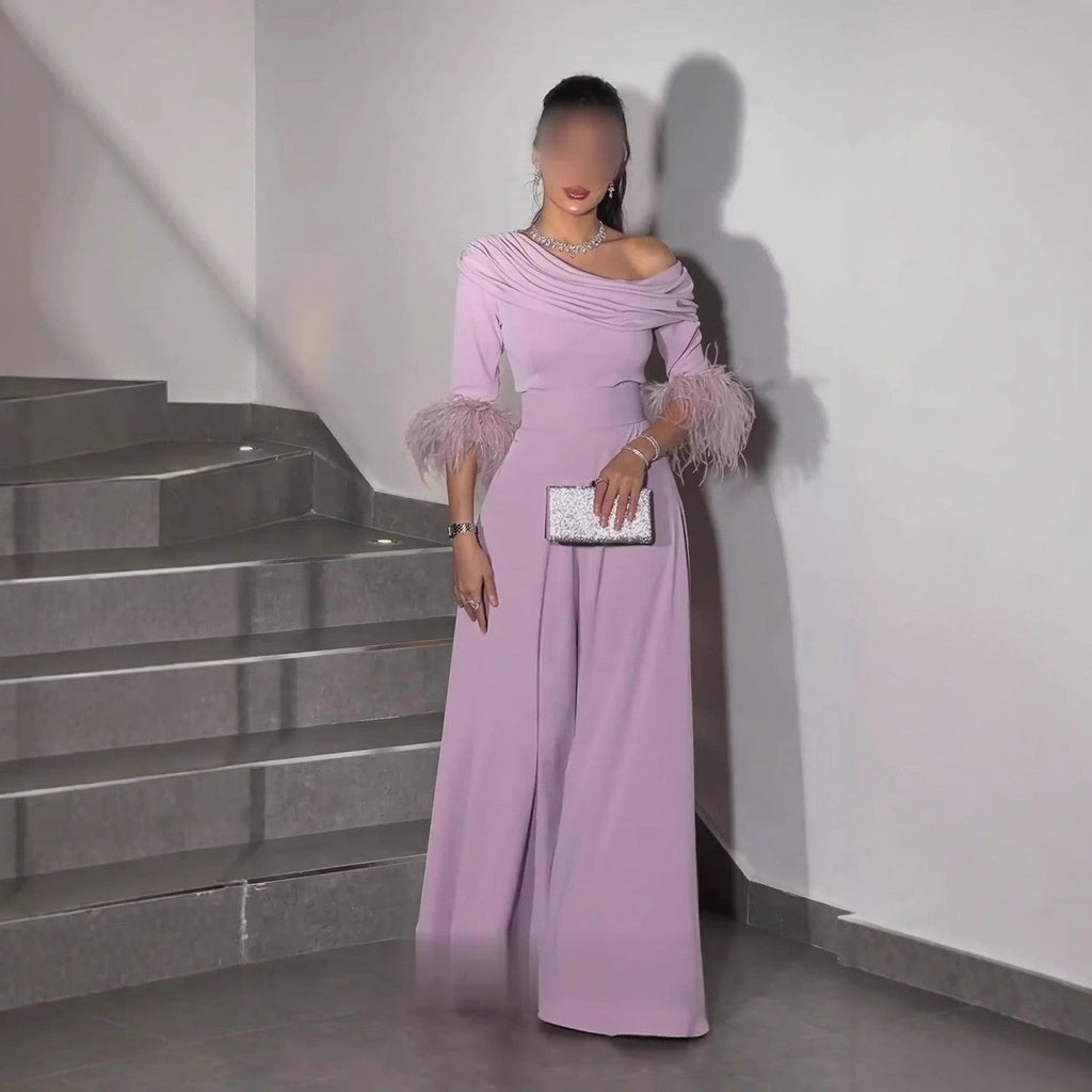 Sexy Fashion Feather Stitching Jumpsuit - S / Lotus Pink