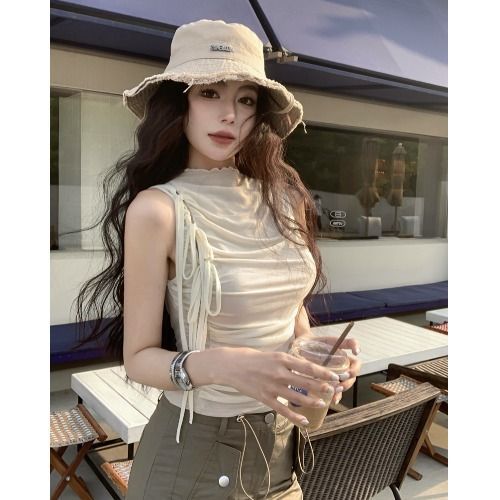 Design Mesh Lace-up Waist-controlled Pleated Vest - Apricot / S