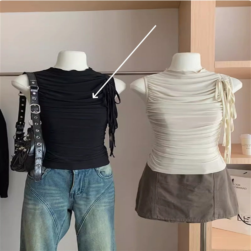 Design Mesh Lace-up Waist-controlled Pleated Vest - Black / S