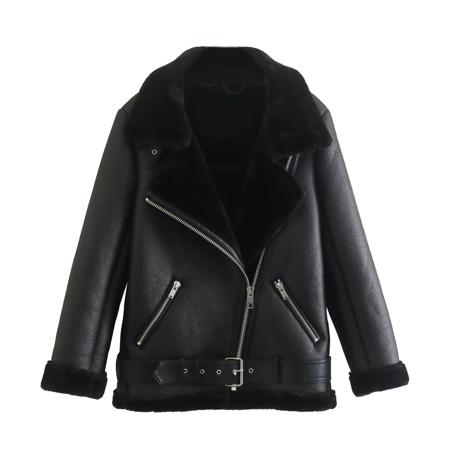 Women’s Fashion Fur Integrated Leather Coat Top - Black / XS