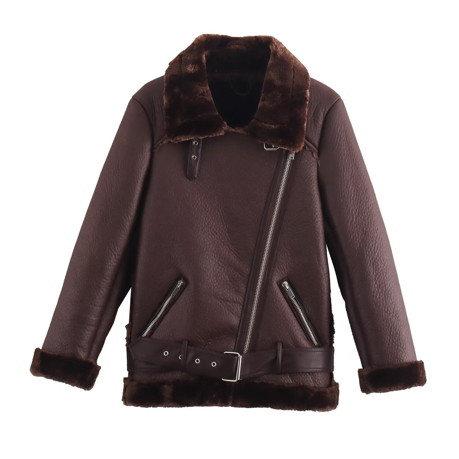 Women’s Fashion Fur Integrated Leather Coat Top - Wine red / XS