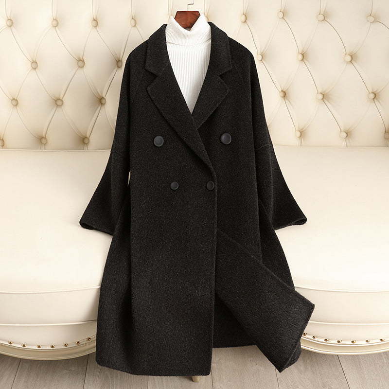 Double-sided Wool Overcoat Women’s Mid-length Woolen Coat - Black Gray / M