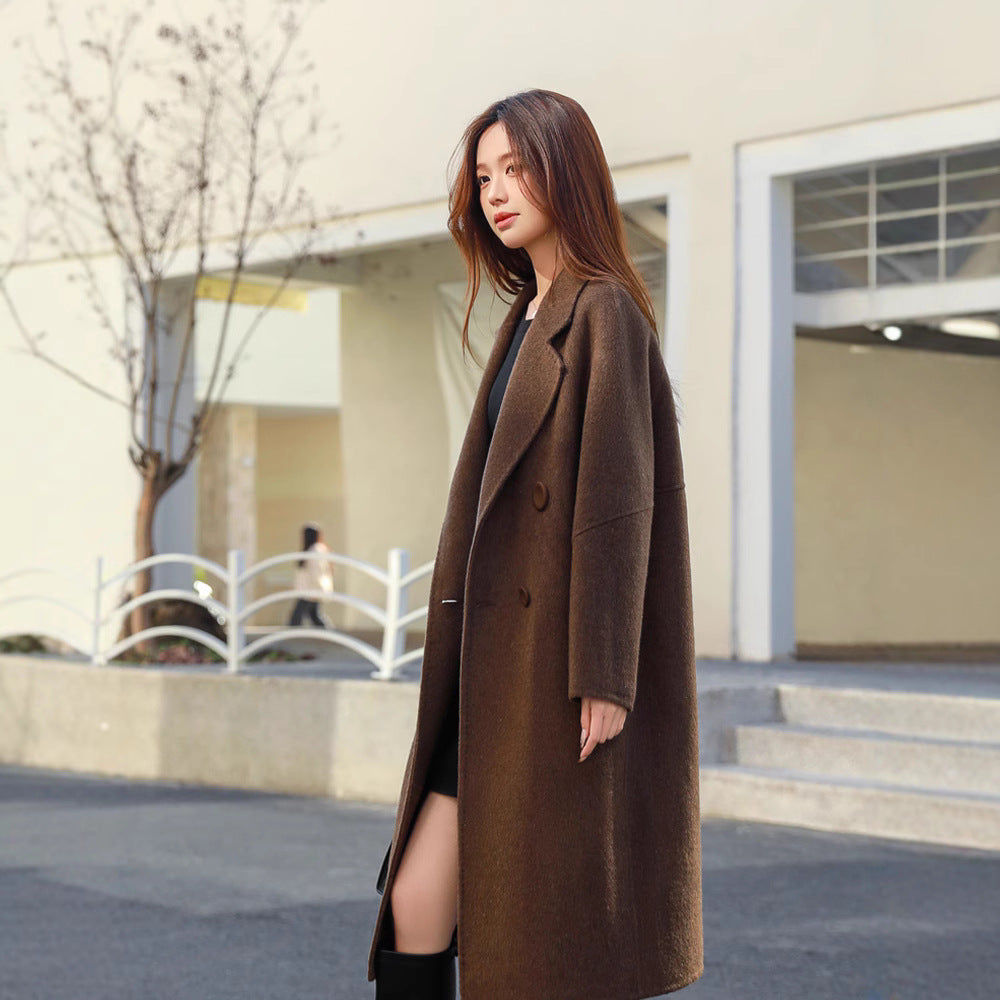 Double-sided Wool Overcoat Women’s Mid-length Woolen Coat - Dark Brown / M
