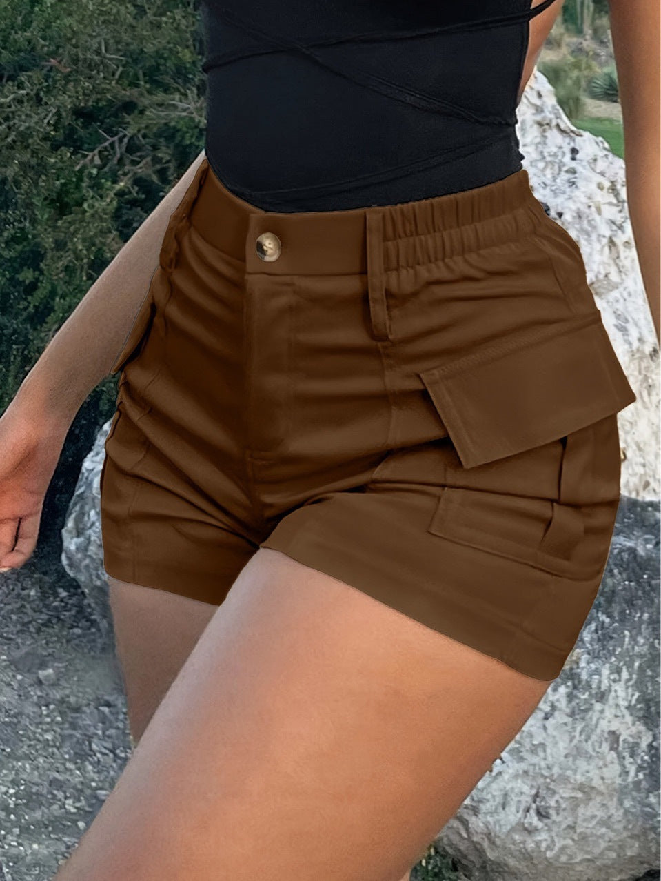 Summer American Casual Solid Color Short Shorts - Dark Brown / S