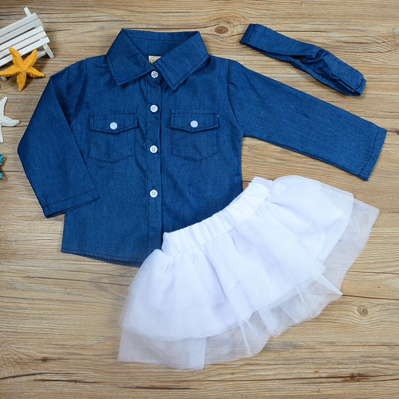 Girls denim jacket mesh skirt three-piece mesh long sleeve skirt suit - Navy Blue / 110cm