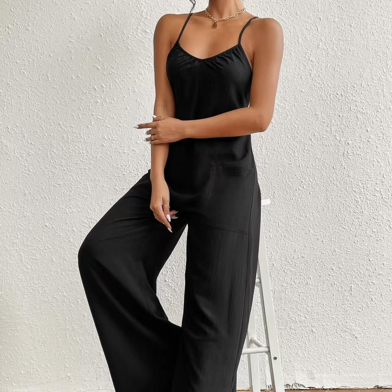 Ladies’ Cross Leisure Vacation Lazy Backless Wide Leg Pants Camisole Skirt Jumpsuit - Black / XXL - 5