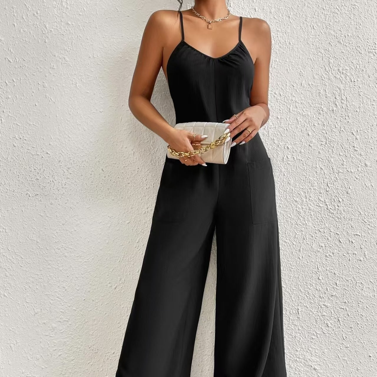 Ladies’ Cross Leisure Vacation Lazy Backless Wide Leg Pants Camisole Skirt Jumpsuit - Black / XXL - 5