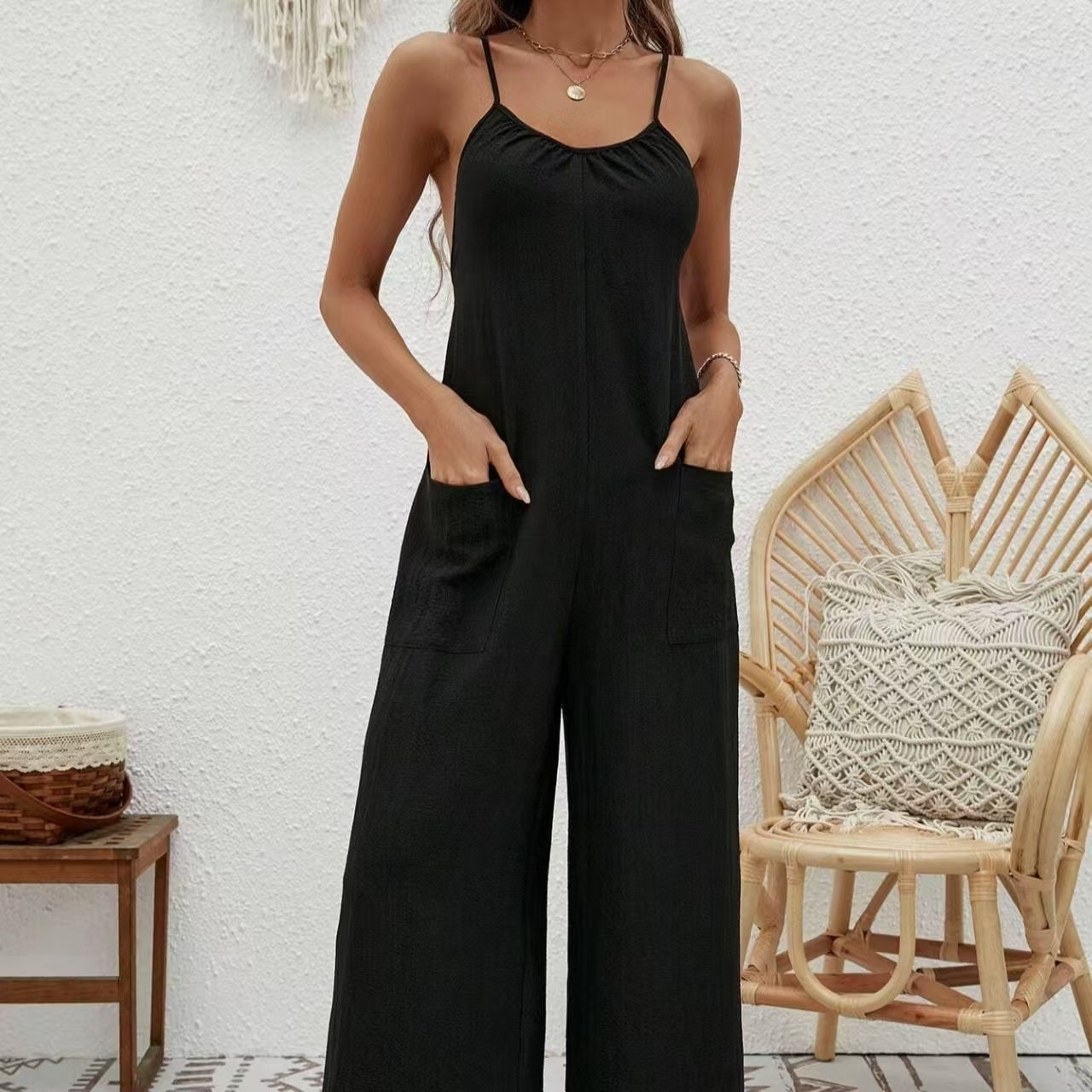Ladies’ Cross Leisure Vacation Lazy Backless Wide Leg Pants Camisole Skirt Jumpsuit - Black / XXL - 5