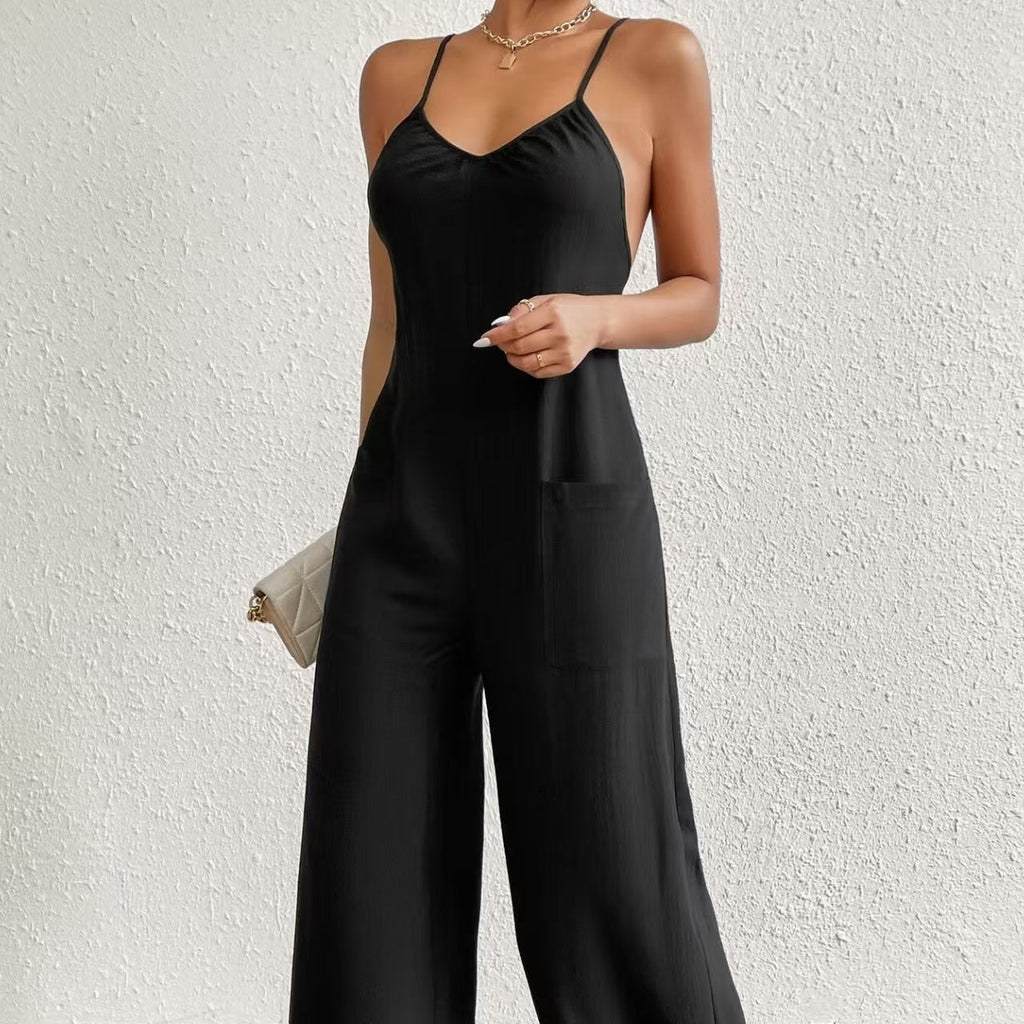 Ladies’ Cross Leisure Vacation Lazy Backless Wide Leg Pants Camisole Skirt Jumpsuit - Black / XXL - 5