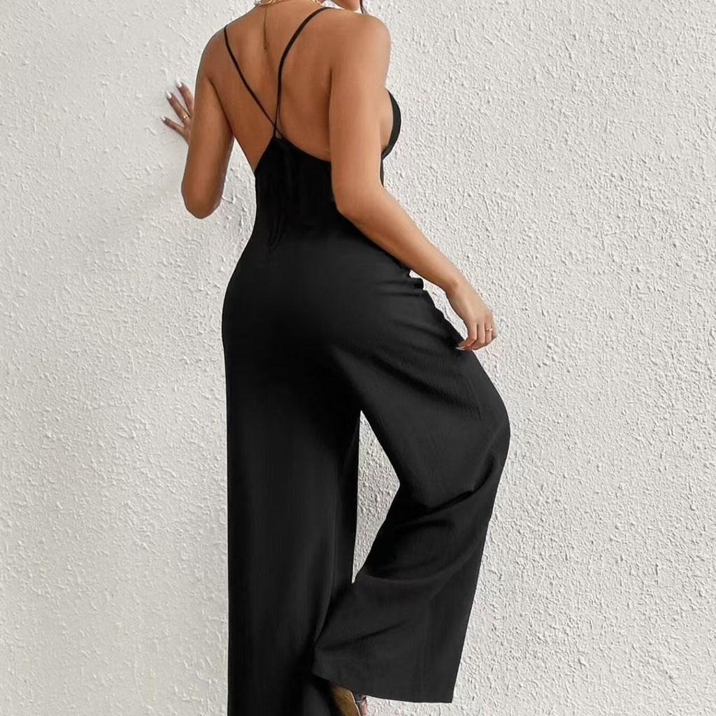 Ladies’ Cross Leisure Vacation Lazy Backless Wide Leg Pants Camisole Skirt Jumpsuit - Black / XXL - 5