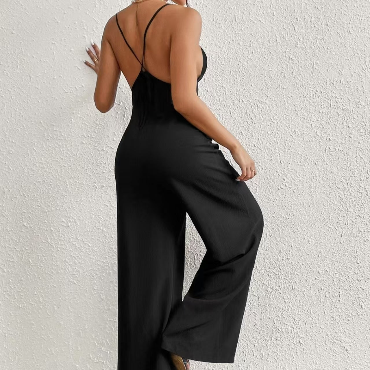 Ladies’ Cross Leisure Vacation Lazy Backless Wide Leg Pants Camisole Skirt Jumpsuit - Black / XXL - 5