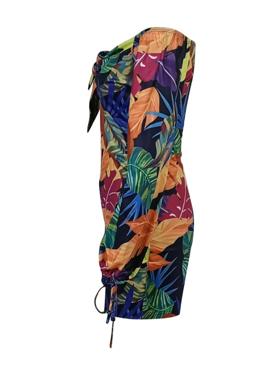 Ladies’ Long Sleeved Vacation Elegant And Fashionable Plant Printed Cuffs With Drawstring Design Chest Strap Jumpsuit