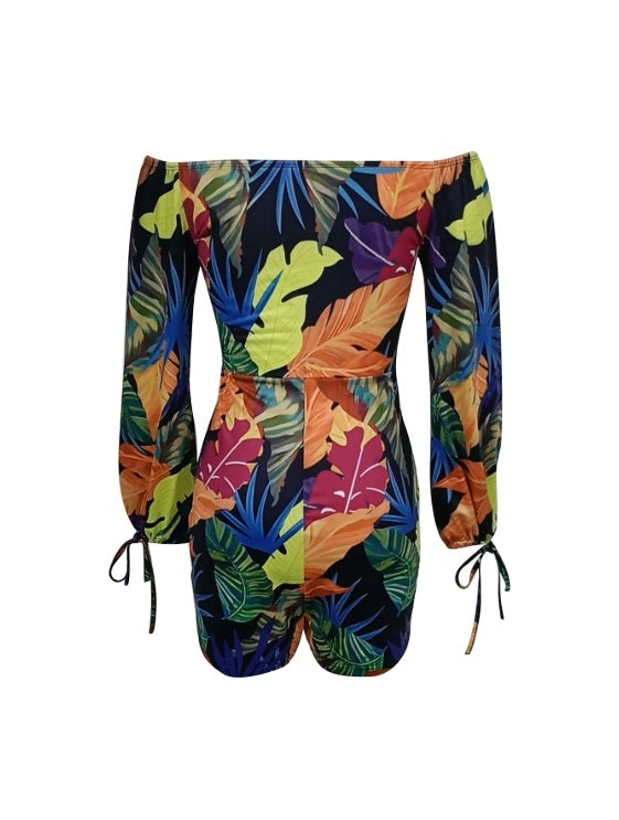 Ladies’ Long Sleeved Vacation Elegant And Fashionable Plant Printed Cuffs With Drawstring Design Chest Strap Jumpsuit