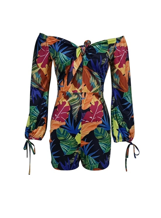 Ladies’ Long Sleeved Vacation Elegant And Fashionable Plant Printed Cuffs With Drawstring Design Chest Strap Jumpsuit