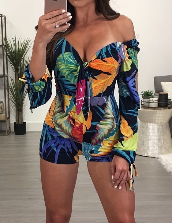 Ladies’ Long Sleeved Vacation Elegant And Fashionable Plant Printed Cuffs With Drawstring Design Chest Strap Jumpsuit