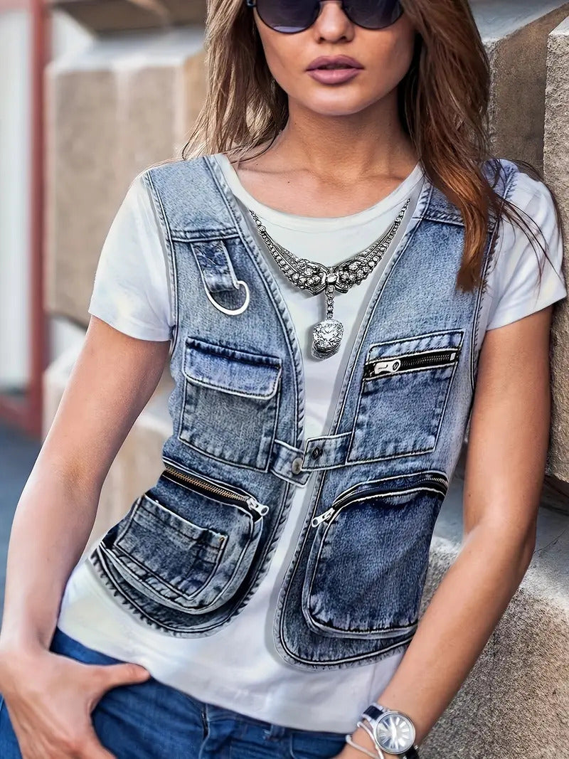 Summer Fake Denim Women’s Short Sleeve - ME13ME13ZN241128Y031 / S