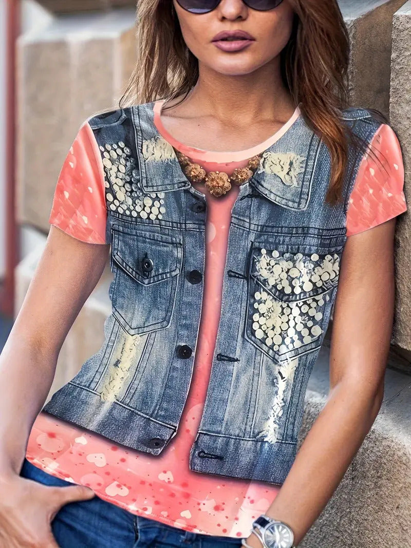 Summer Fake Denim Women’s Short Sleeve - ME13ME13ZN241128Y038 / S