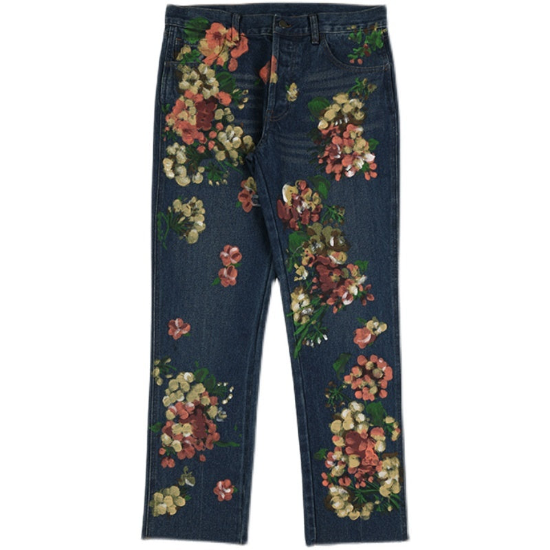 Summer Hand Drawn Doodle Floral Jeans - Blue / S