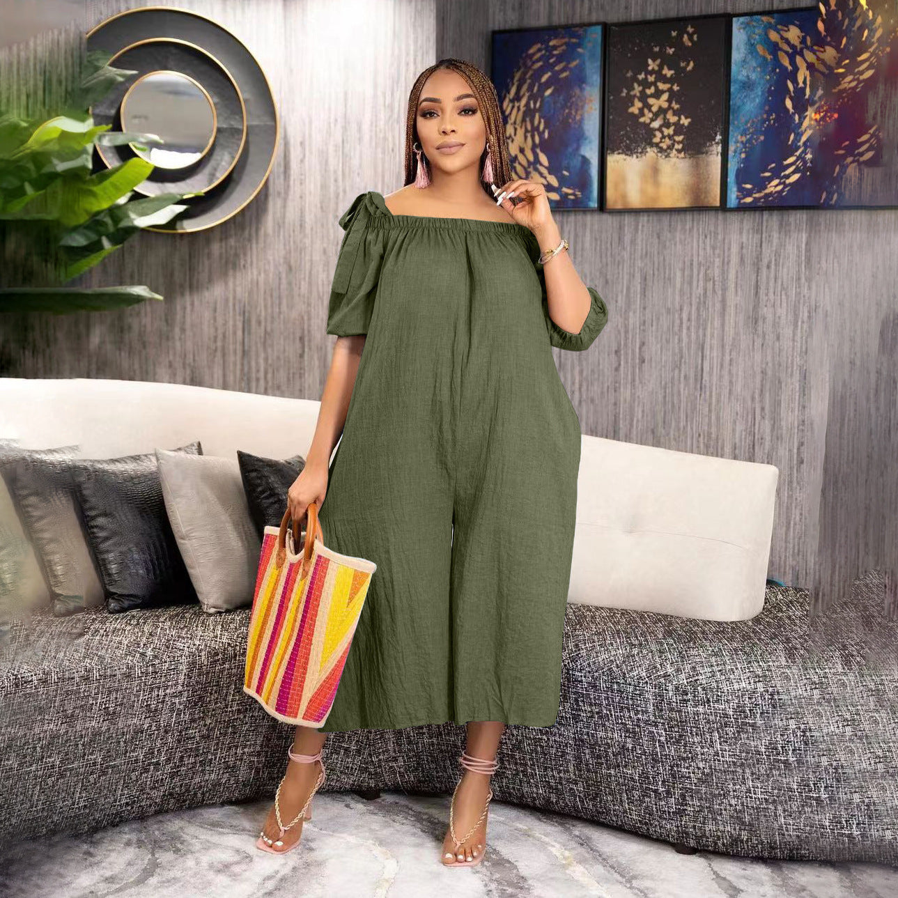 Summer Loose Casual Loose Cropped Jumpsuit - S / Army Green