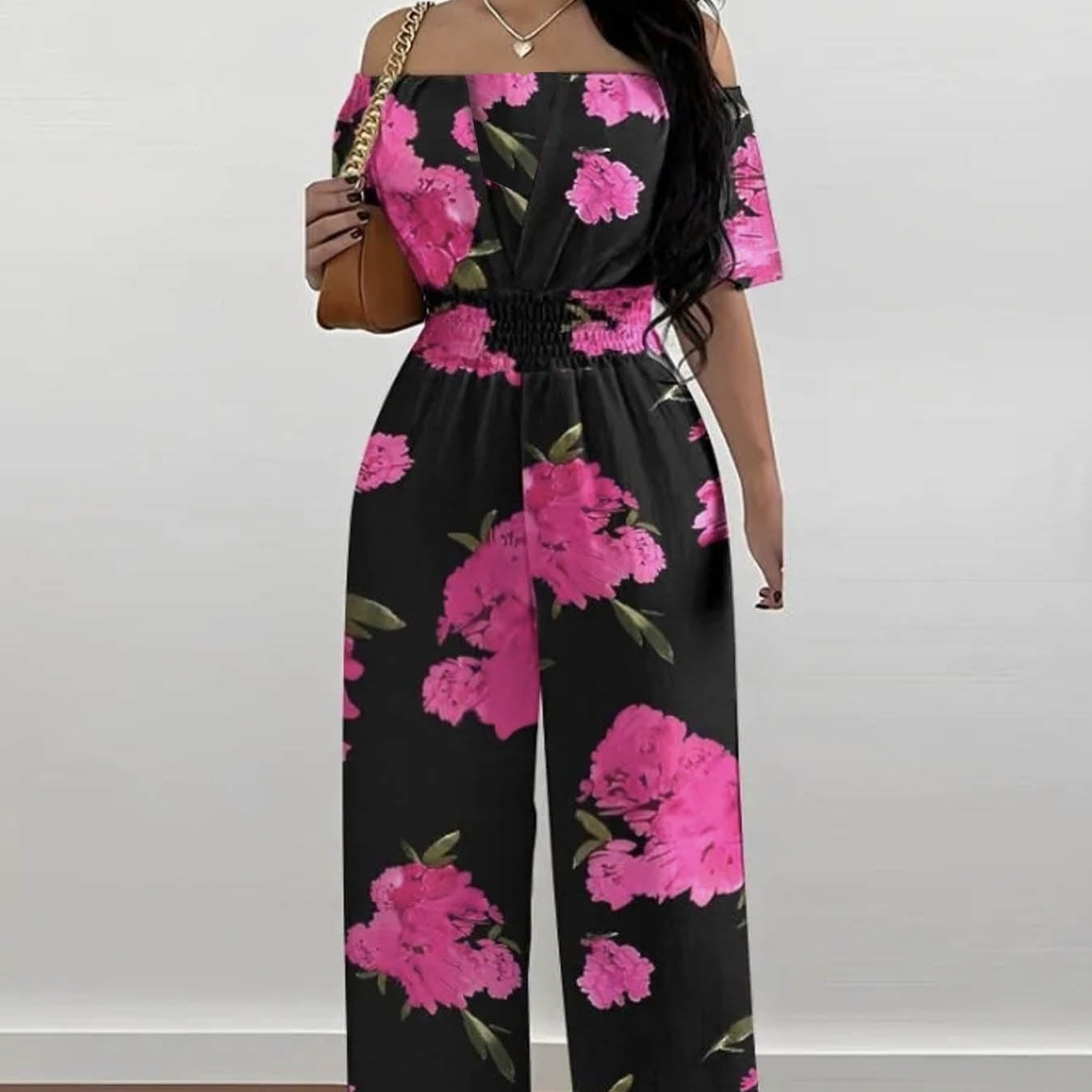 Ladies’ One Shoulder Floral Print Waist Cinching Off Shoulder Sexy Fashion Jumpsuit - 5