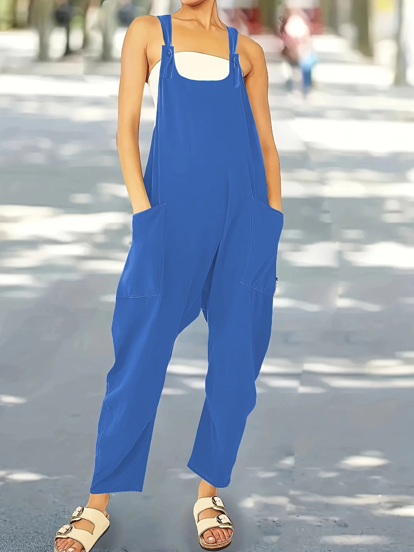 Ladies’ Solid Color Button Pocket Design Fashionable Jumpsuit - 5