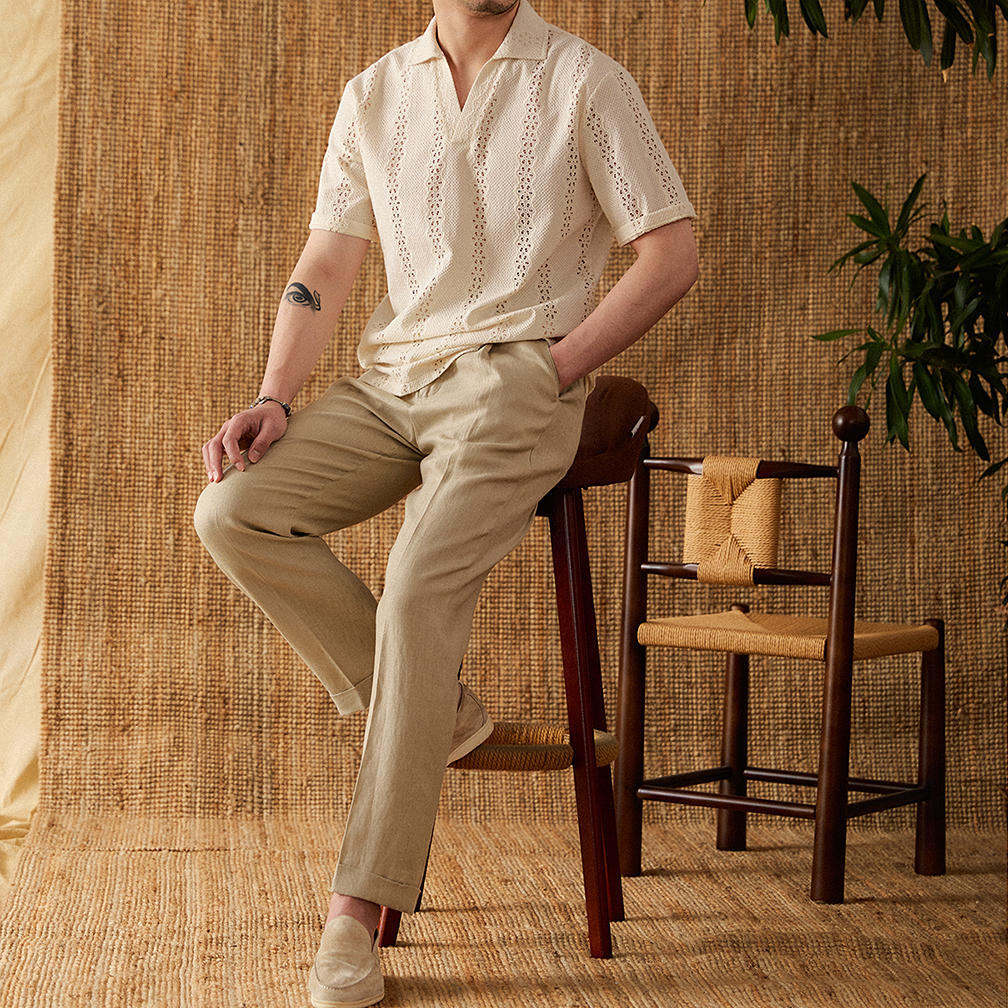 Men’s Summer Short Sleeve Breathable Cotton Loose Hollow T-shirt