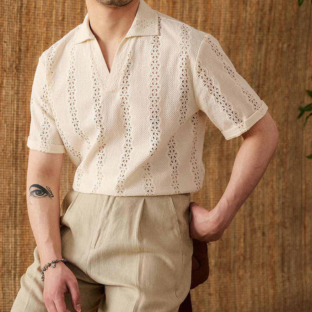 Men’s Summer Short Sleeve Breathable Cotton Loose Hollow T-shirt - Beige / M