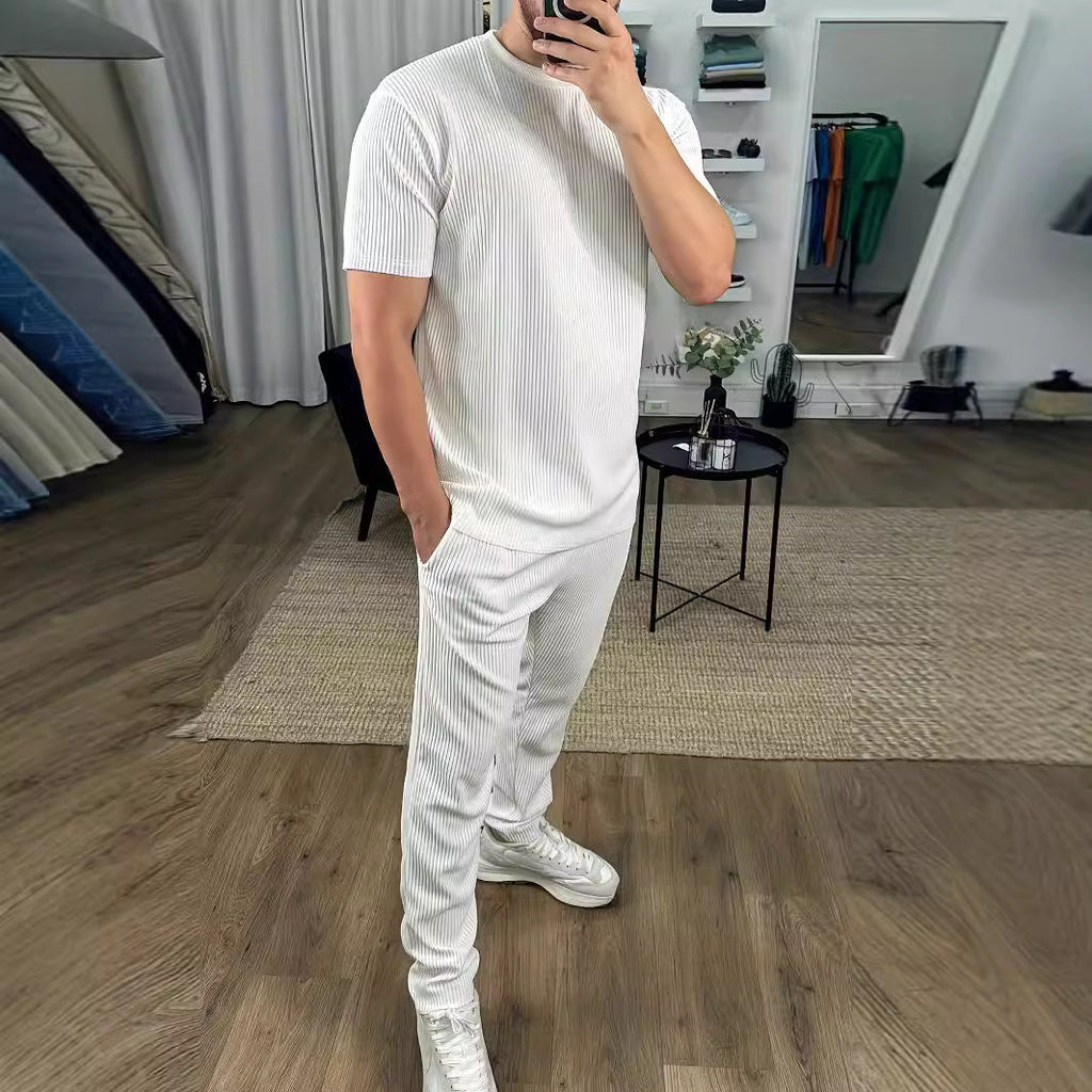 European And American Slim Fit Round Neck Pullover Short Sleeve Trousers Two-piece Set - White / S