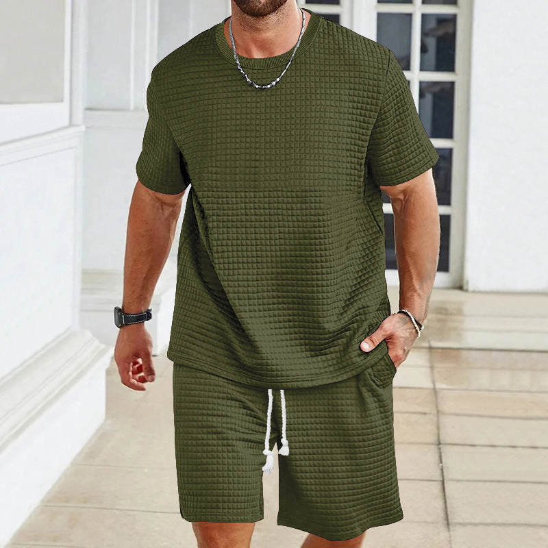 Sports Casual Suit Solid Color Round Neck T-shirt Shorts - Army Green / S