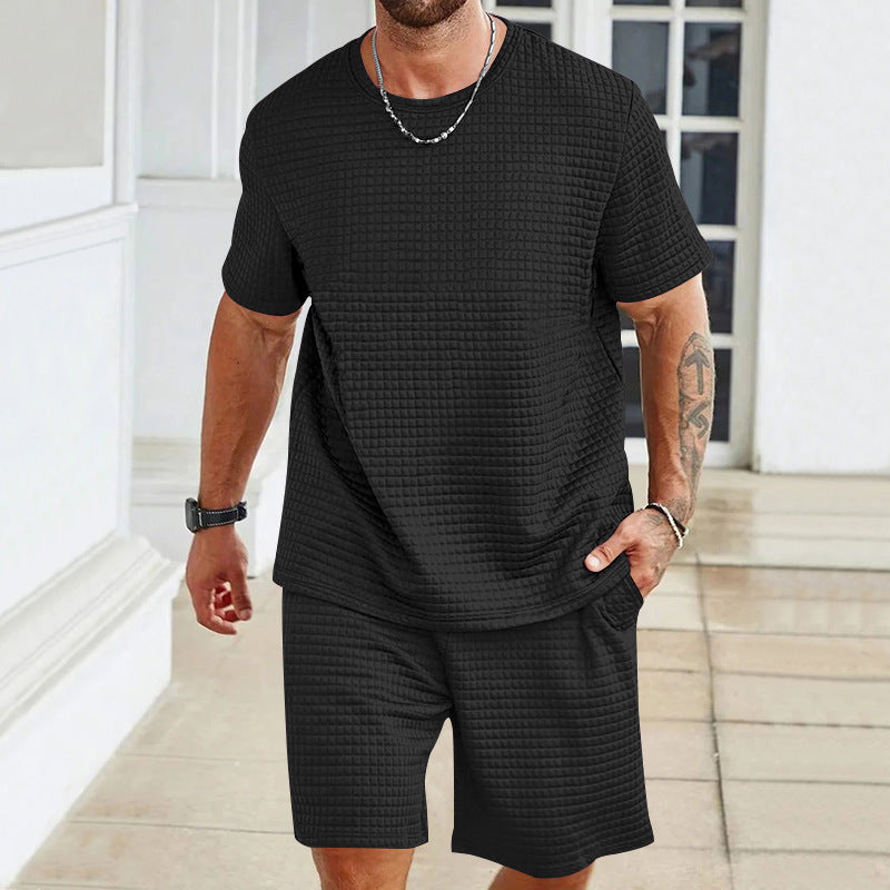 Sports Casual Suit Solid Color Round Neck T-shirt Shorts - Black / S