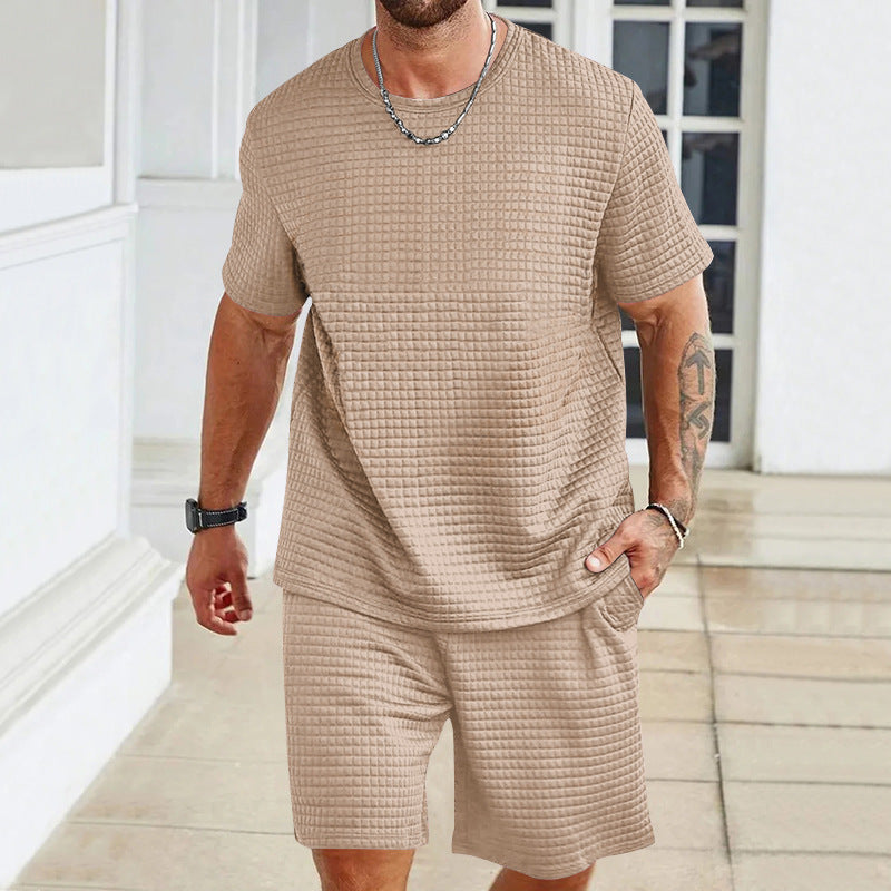 Sports Casual Suit Solid Color Round Neck T-shirt Shorts - Khaki / S