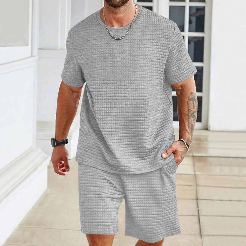 Sports Casual Suit Solid Color Round Neck T-shirt Shorts - Light Gray / S
