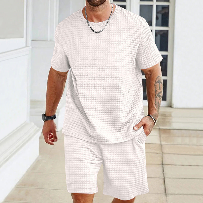 Sports Casual Suit Solid Color Round Neck T-shirt Shorts - White / S