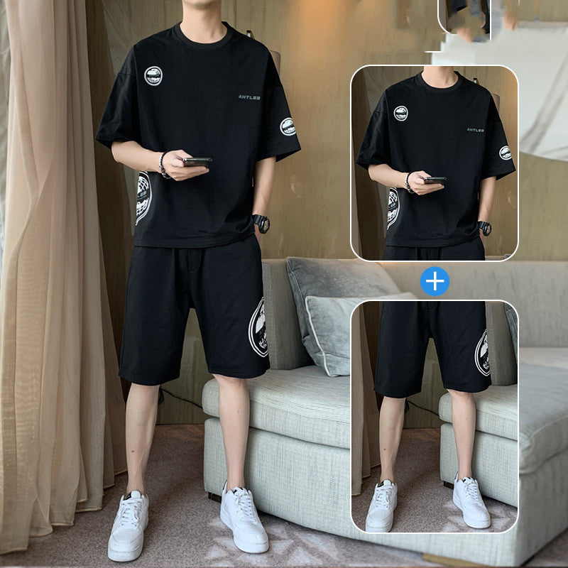 New Short-sleeved T-shirt Fashion Sports Suit Men’s Round Neck Bottoming Shirt A Set Of Tops Pants - C20 black / M