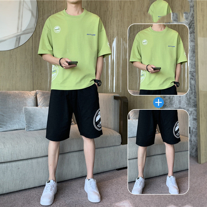 New Short-sleeved T-shirt Fashion Sports Suit Men’s Round Neck Bottoming Shirt A Set Of Tops Pants - C20 green / M